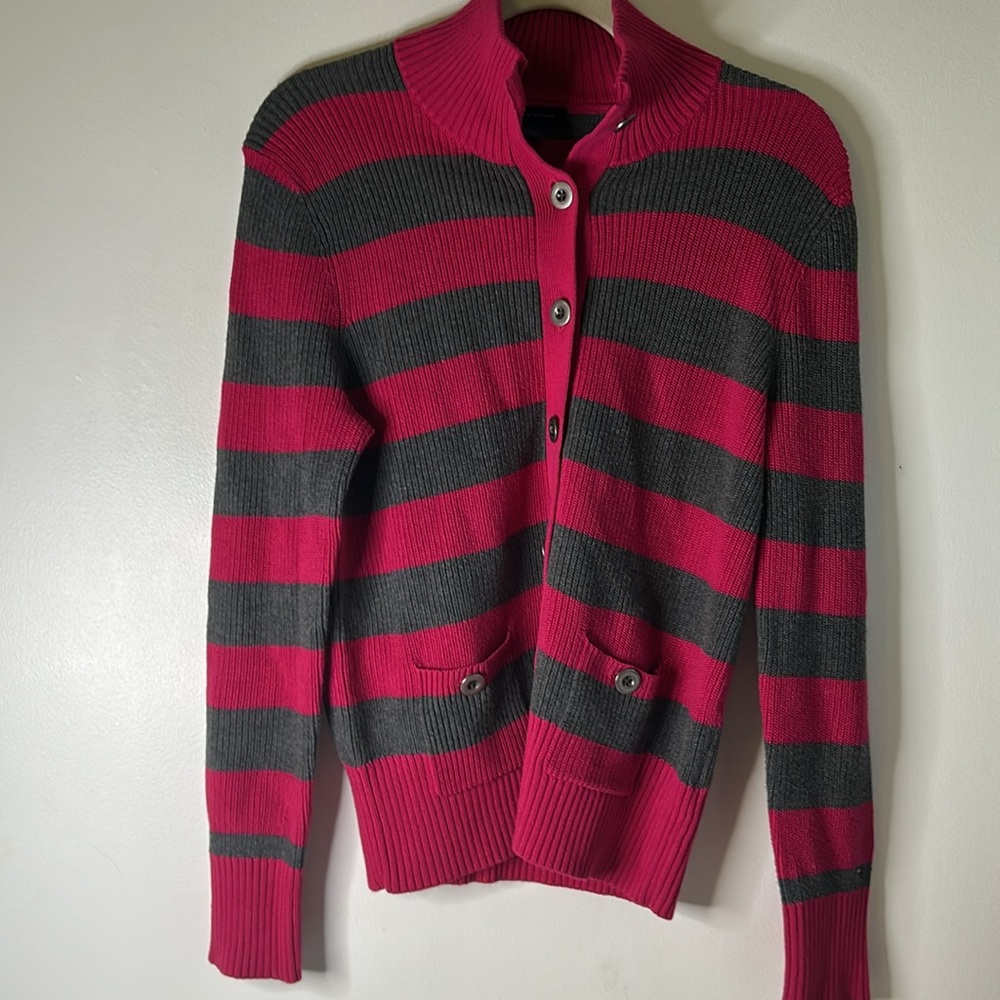 Tommy Hilfiger ribbed cardigan size large metal buttons pink gray stripes preppy